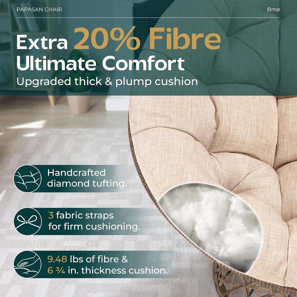 Bme 40' Ergonomic Wicker Papasan Chair with Soft Thick Density Fabric Cushion, High Capacity Steel Frame, 360 Degree Swivel for Living, Bedroom, Reading Room, Lounge, Sepia Sand - Brown Base