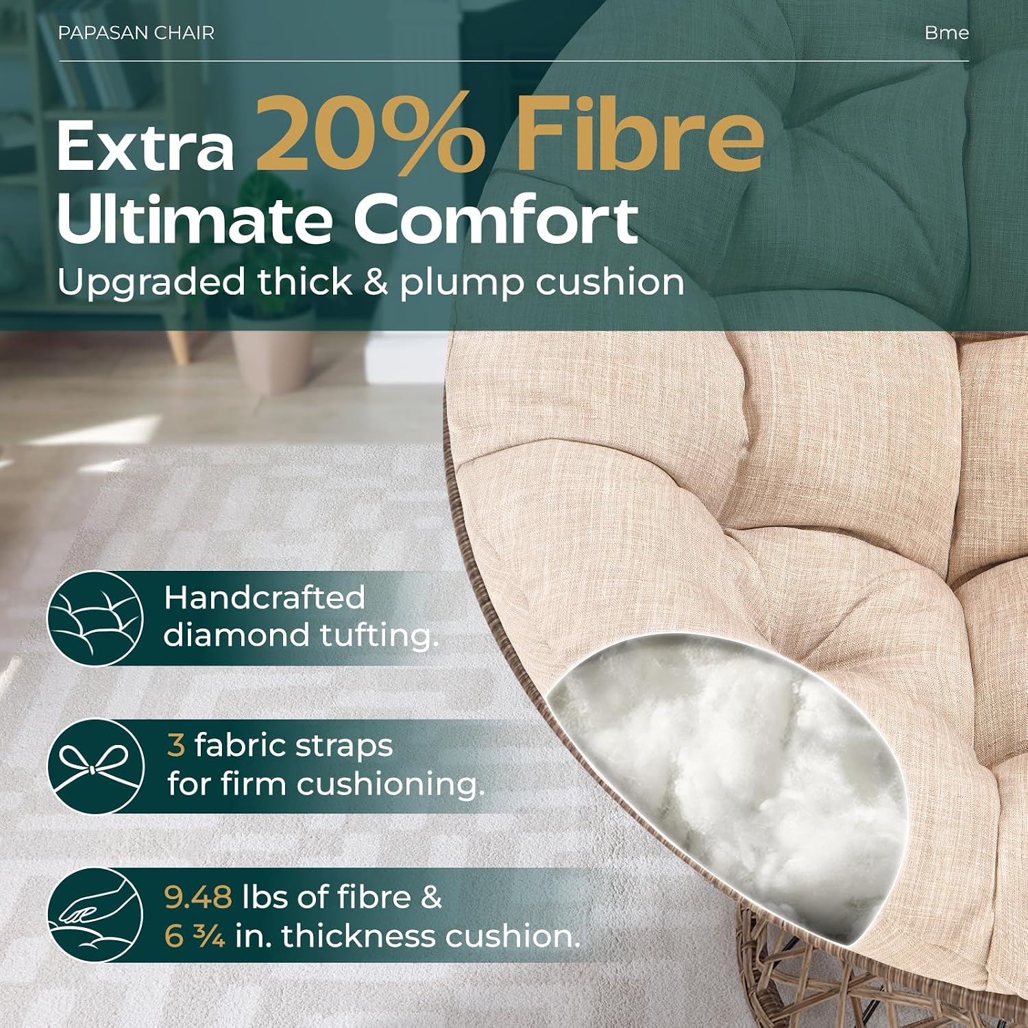 Bme 40' Ergonomic Wicker Papasan Chair with Soft Thick Density Fabric Cushion, High Capacity Steel Frame, 360 Degree Swivel for Living, Bedroom, Reading Room, Lounge, Sepia Sand - Brown Base