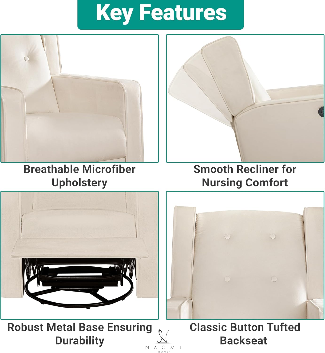 Naomi Home Nursing Chair for Breastfeeding and Bonding, 360° Swivel Rocker Recliner with Adjustable Recline Range, Ergonomic Lumbar Support, Adjustable Footrest, Easy Assembly, Soft Microfiber Fabric