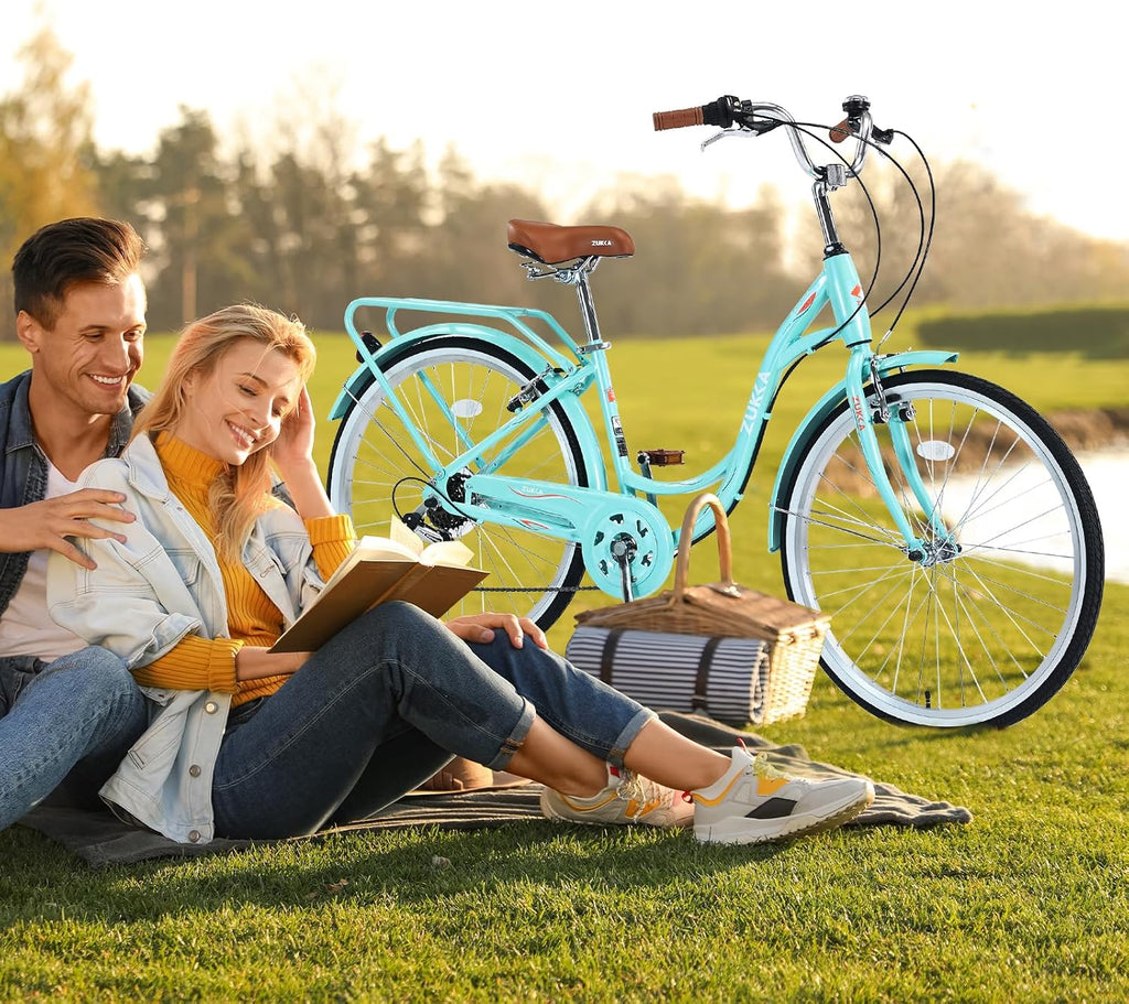 24/26 Inch Girls Cruiser Bike 24/26 Inch Beach Cruiser Bike for Women，City Hybrid Bike 7 Speeds Bicycle Commuter Bike for Women Men,High-Carbon Steel Frame，Multiple Colors