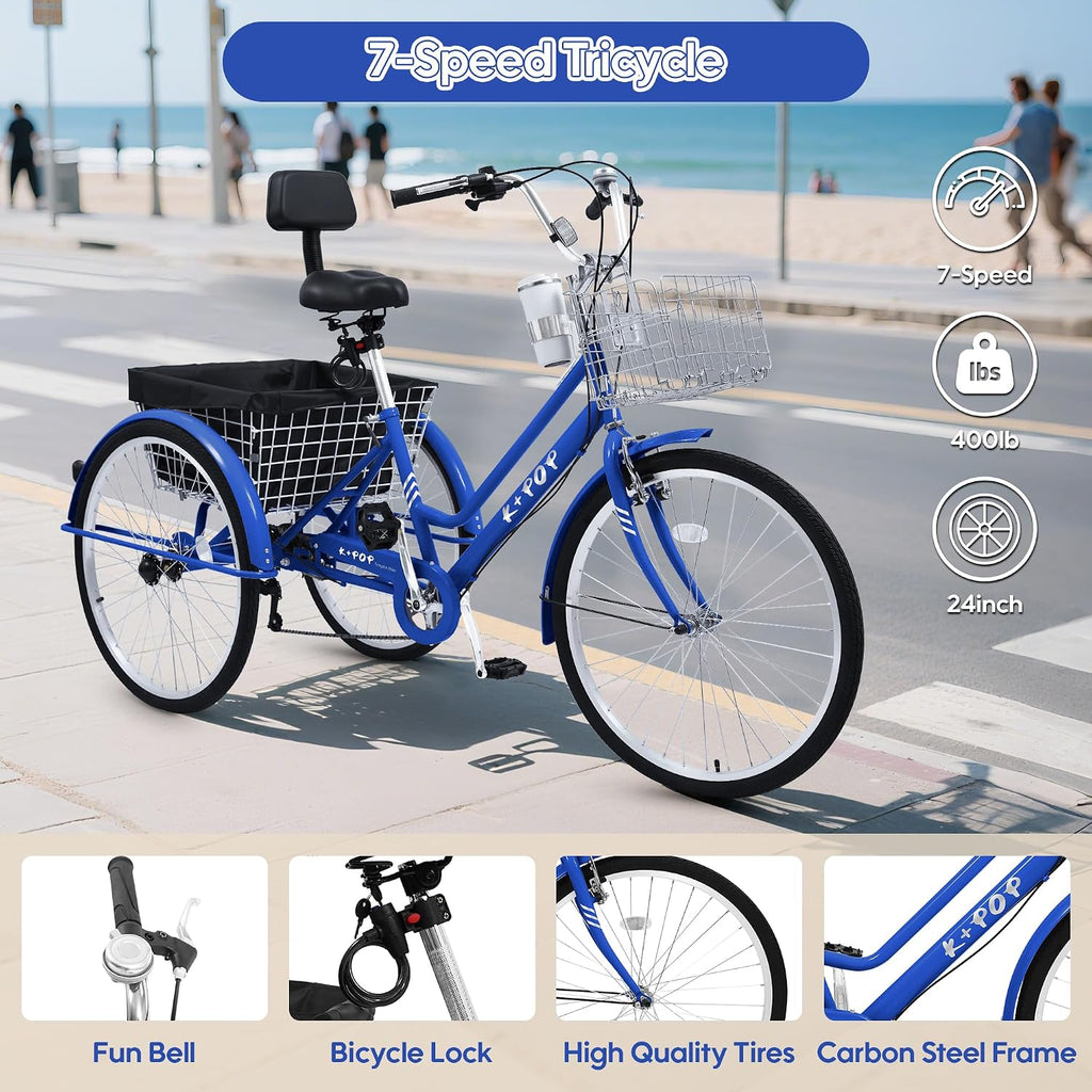 24/26 Inch Tricycle for Adults, 7 Speed Beach Cruiser Bike Adult Tricycles for Women Men, 3 Wheel Bikes for Adults Large Seat with Backrest, Three Wheel Bikes with Front & Rear Baskets