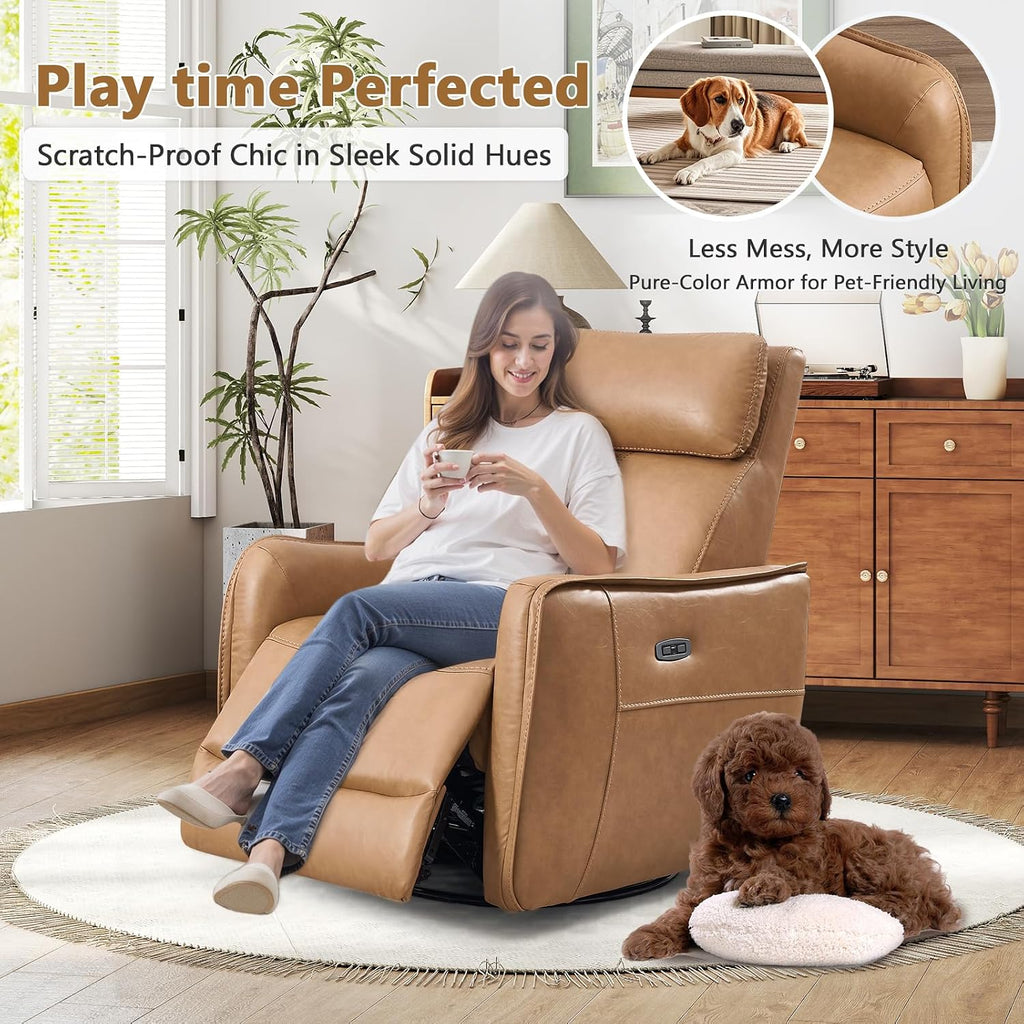 ANJ Power Recliner Chair with USB Port, 150° Reclining Swivel Glider, Faux Leather, Cognac Brown, 350 lbs Capacity