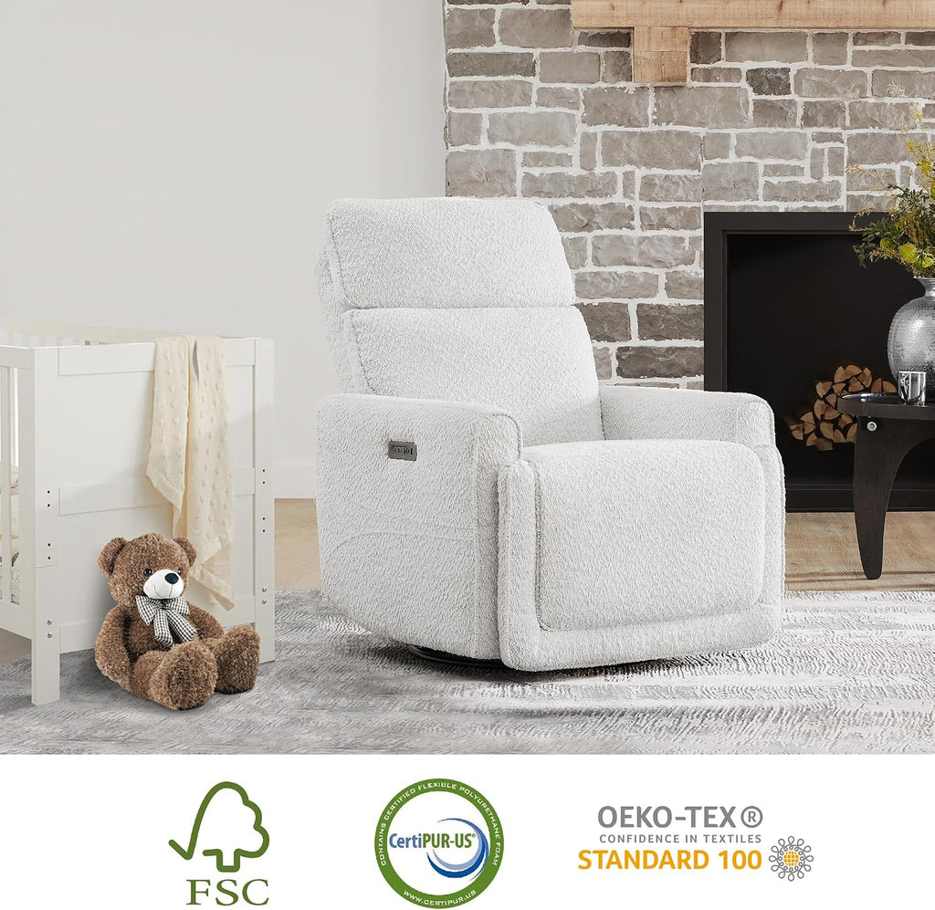 CHITA Power Recliner Chair Swivel Glider with Adjustable Power Headrest, FSC Certified Electronic Modern Nursery Rocking Chair with USB and Type-C Ports, Boucle White