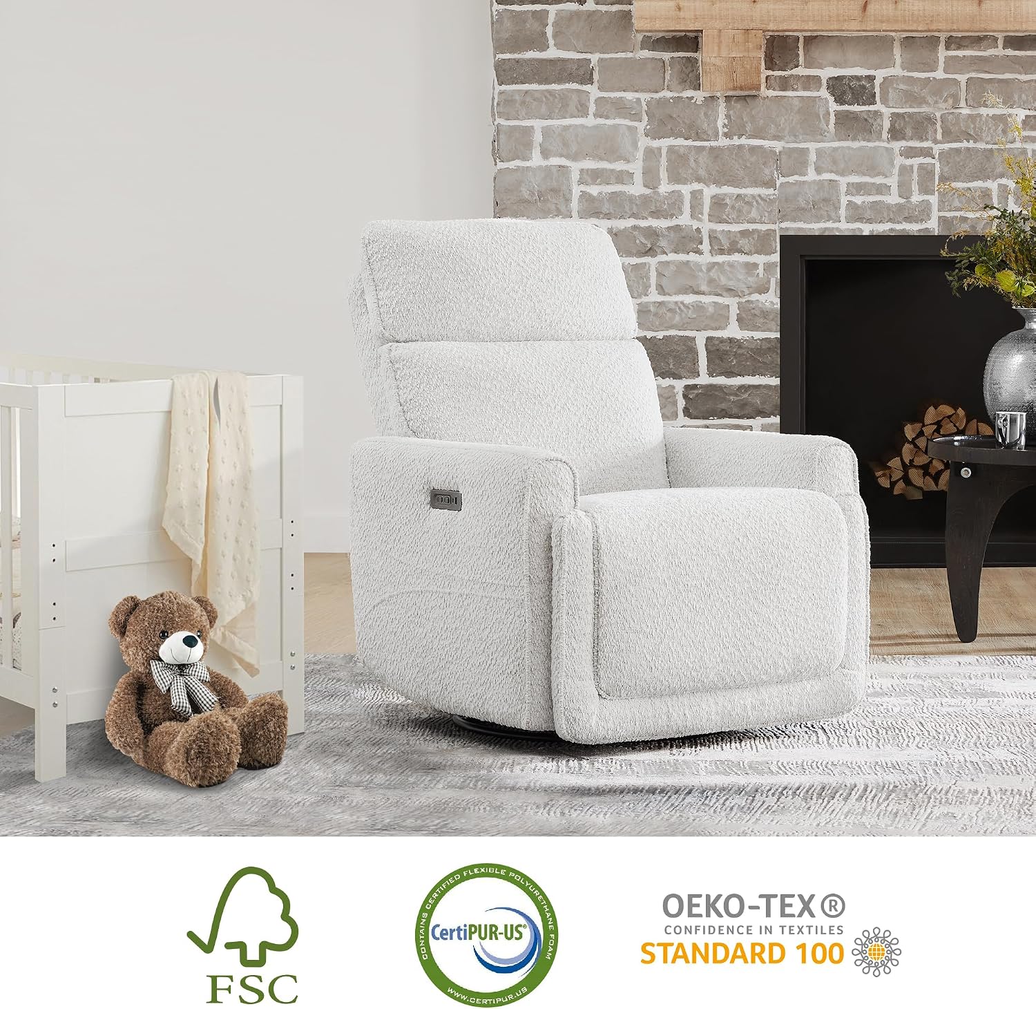 CHITA Power Recliner Chair Swivel Glider with Adjustable Power Headrest, FSC Certified Electronic Modern Nursery Rocking Chair with USB and Type-C Ports, Boucle White
