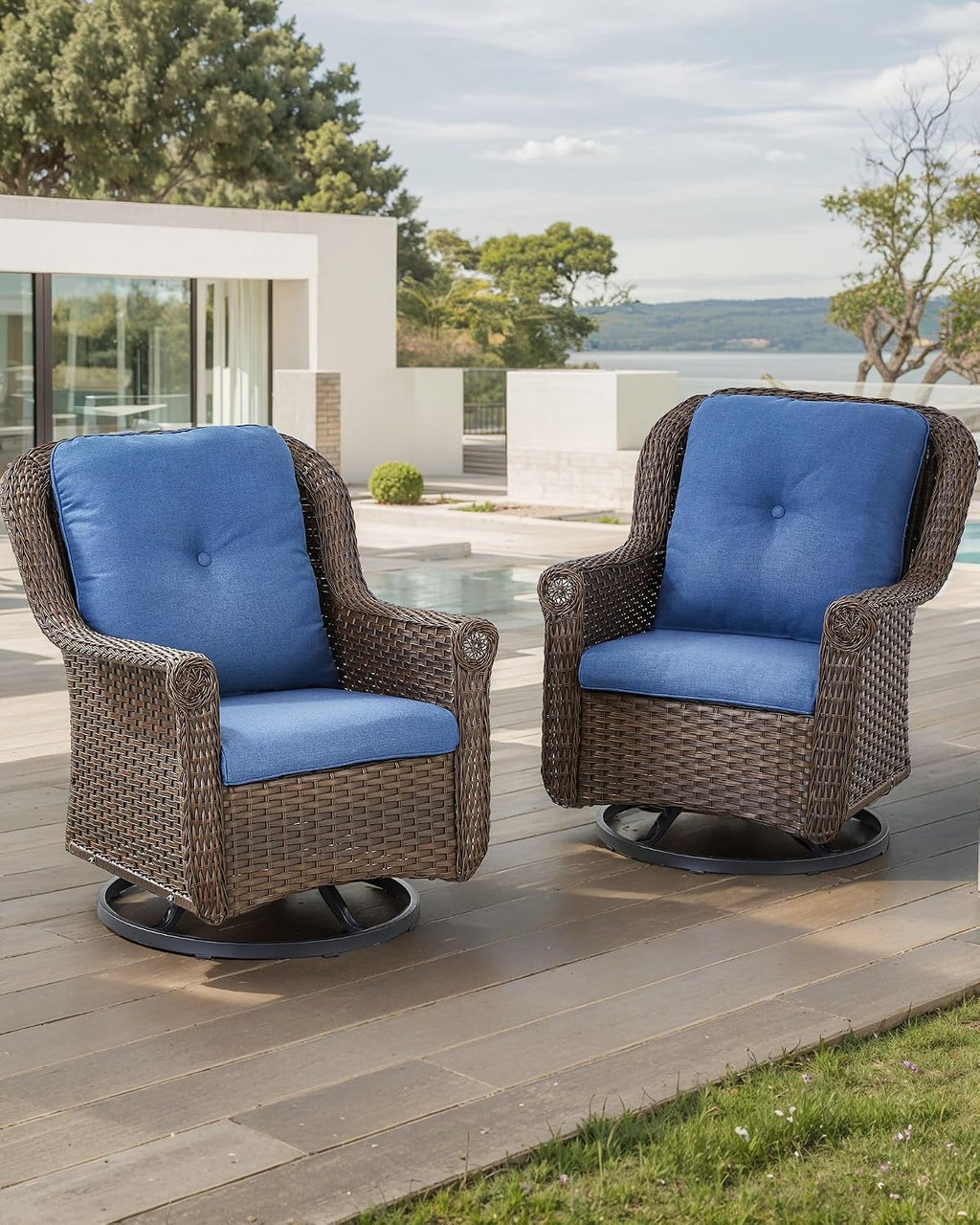 Patio Chairs Outdoor Swivel Glider - Set of 2 High Back Outside Brown Wicker Rattan Rocking Chair with Thick Cushion for Porch Apartment Deck Yard Poolside Garden - Navy Blue