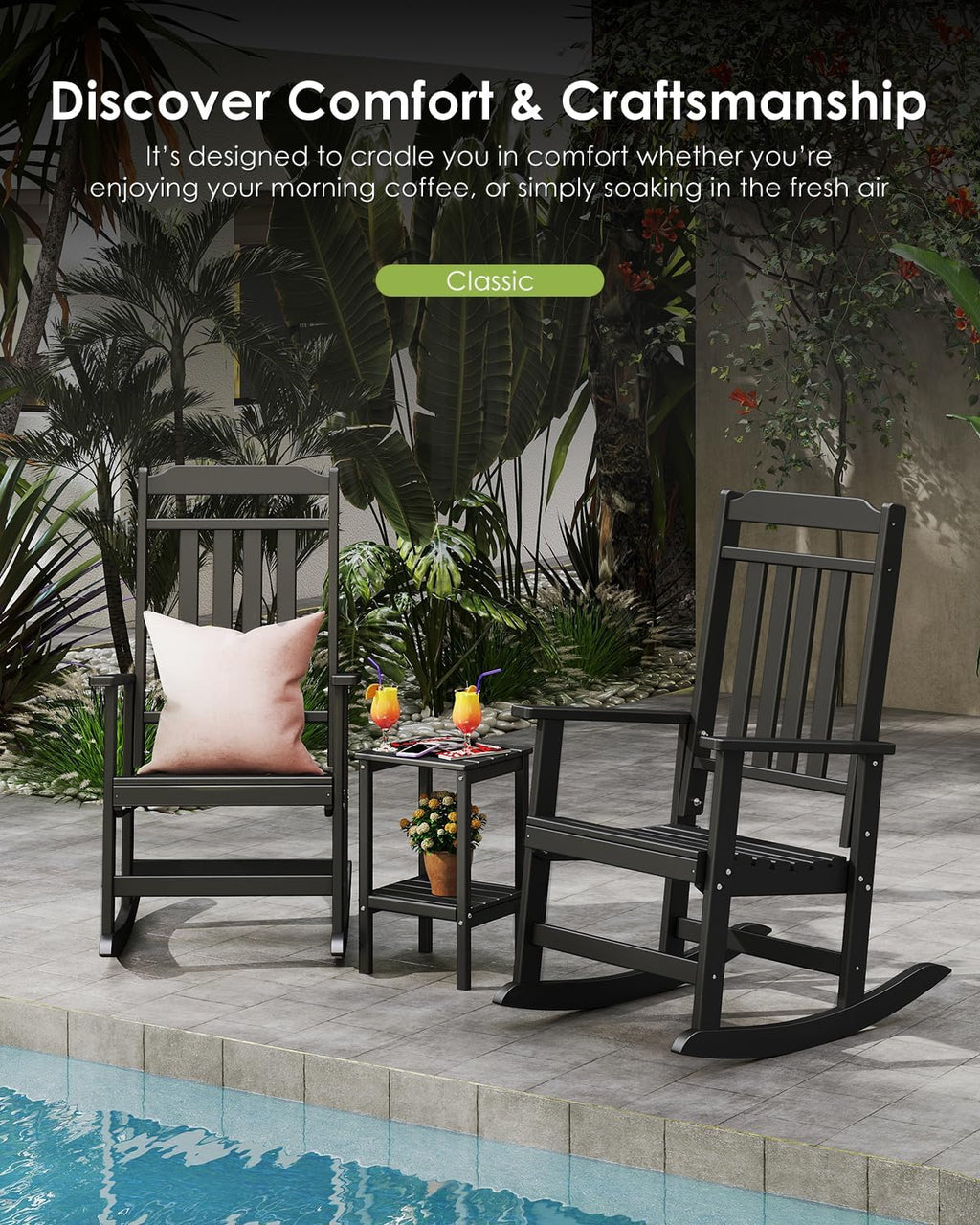 GREENVINES Outdoor-Rocking-Chair | HDPE Plastic | Patio Rockers | Porch Rocker Chairs | Oversized | High Back | Big & Tall | Black