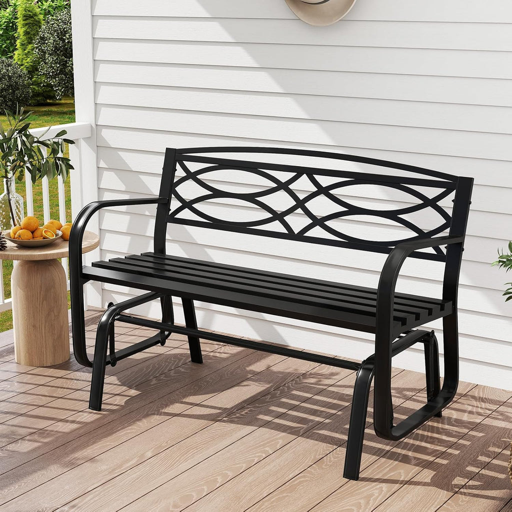 Tangkula 2-Person Outdoor Glider Bench, Patio Rocking Loveseat Chair with Metal Frame, Armrests, Geometric Backrest and Slatted Seat for Porch, Garden, Deck and Backyard