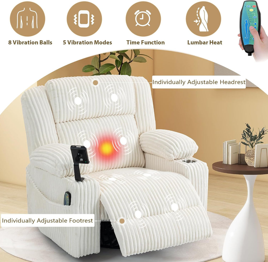 SINCRUMI Power Oversized Swivel Rocker Recliner with Dual Motor Adjustable Headrest for Adults, Glider Rocking Chair with Vibration and Heat, USB A&C Ports, Armrest Storage, Cup Holder, Cream White