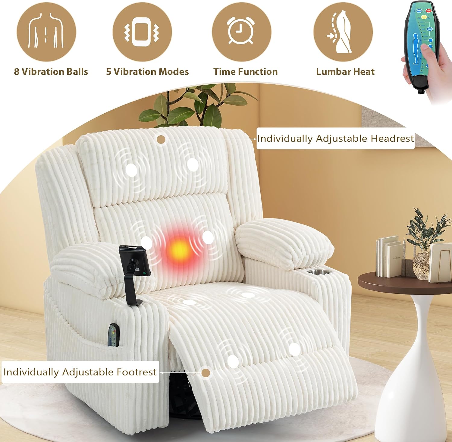 SINCRUMI Power Oversized Swivel Rocker Recliner with Dual Motor Adjustable Headrest for Adults, Glider Rocking Chair with Vibration and Heat, USB A&C Ports, Armrest Storage, Cup Holder, Cream White