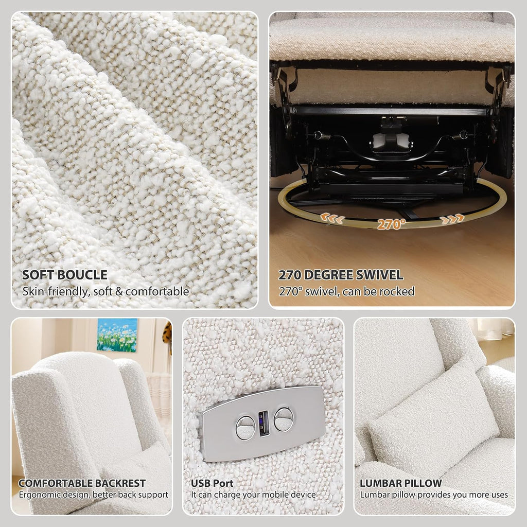 Power Recliner Chair Swivel Glider, Large Rocker Recliner w/USB Charging Port, Boucle Upholstered Swivel Rocker Glider Recliner for Nursery,Bedroom,Living Room, 1PC, Cream