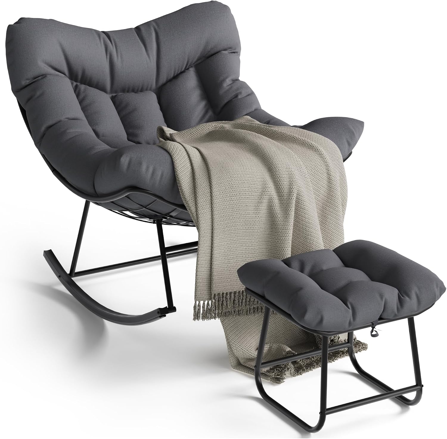 GarveeLife Oversized Papasan Rocking Chair with Footrest, Outdoor Lounge Chair with Ottoman and Sturdy Metal Frame, Patio Rattan Egg Rocker for Balcony Backyard Porch Bedroom, Grey