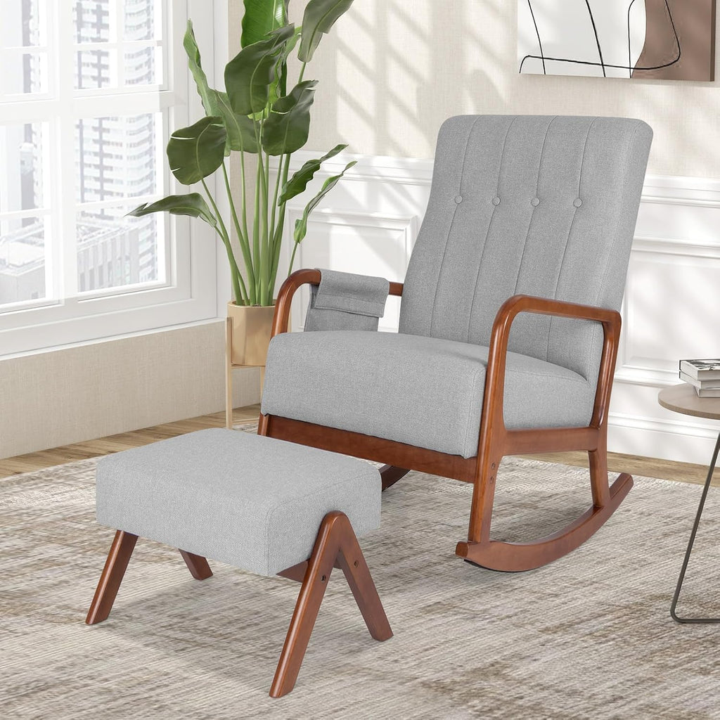 Giantex Rocking Chair with Ottoman, Upholstered Rocker Chair w/Solid Rubber Wood Frame, Side Pocket, Linen Nursery Chair w/Footrest, Tufted Glider Chair for Living Room, Bedroom, Grey