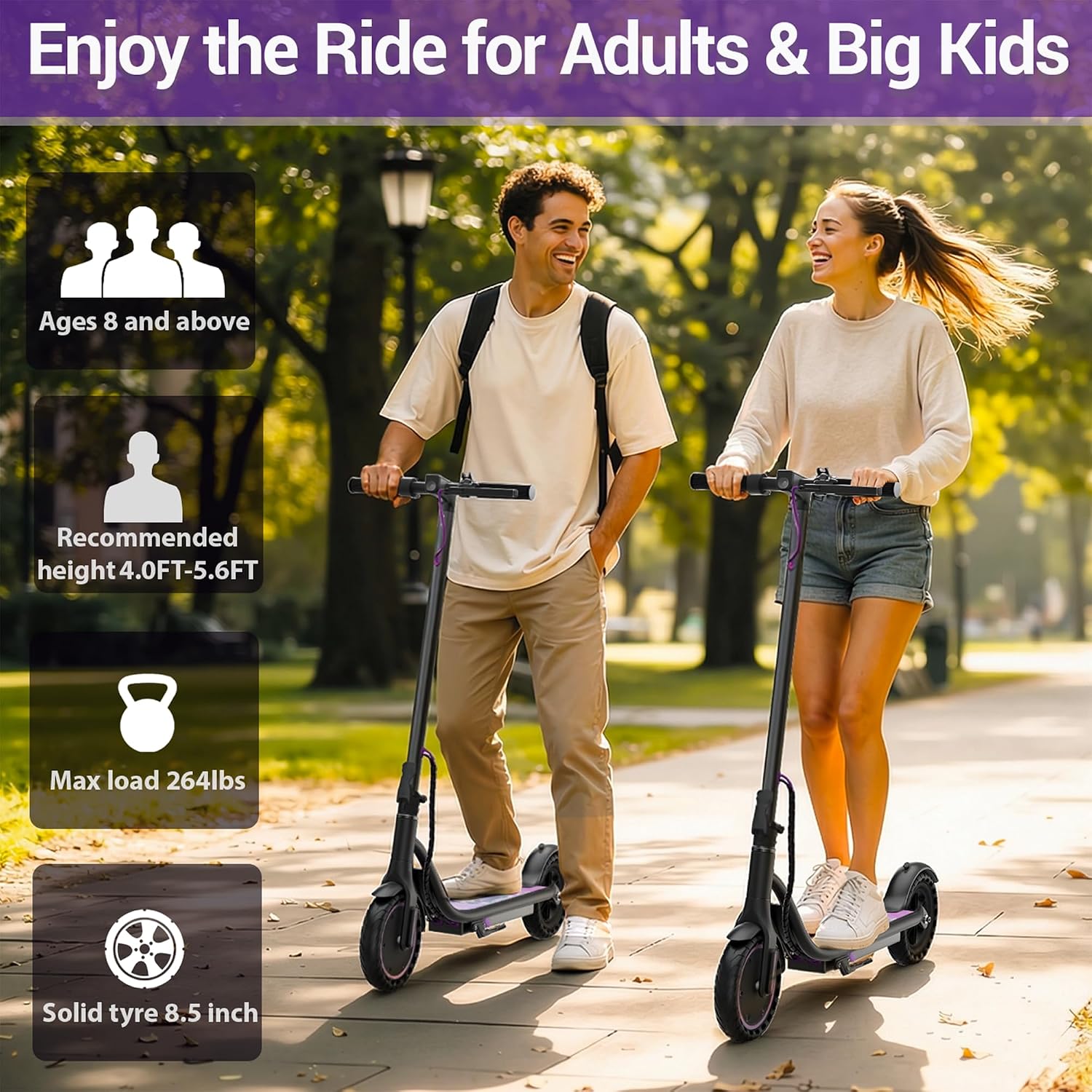Aovowheel Electric Scooter for Adults, Folding E Scooter with 250W-500W Motor 16-24 Mph Top Speed, Max 15-60Miles Long Range,6.5''/8.5''/10''/14'' Solid Tires Commuting Scooters, Dual Brakes