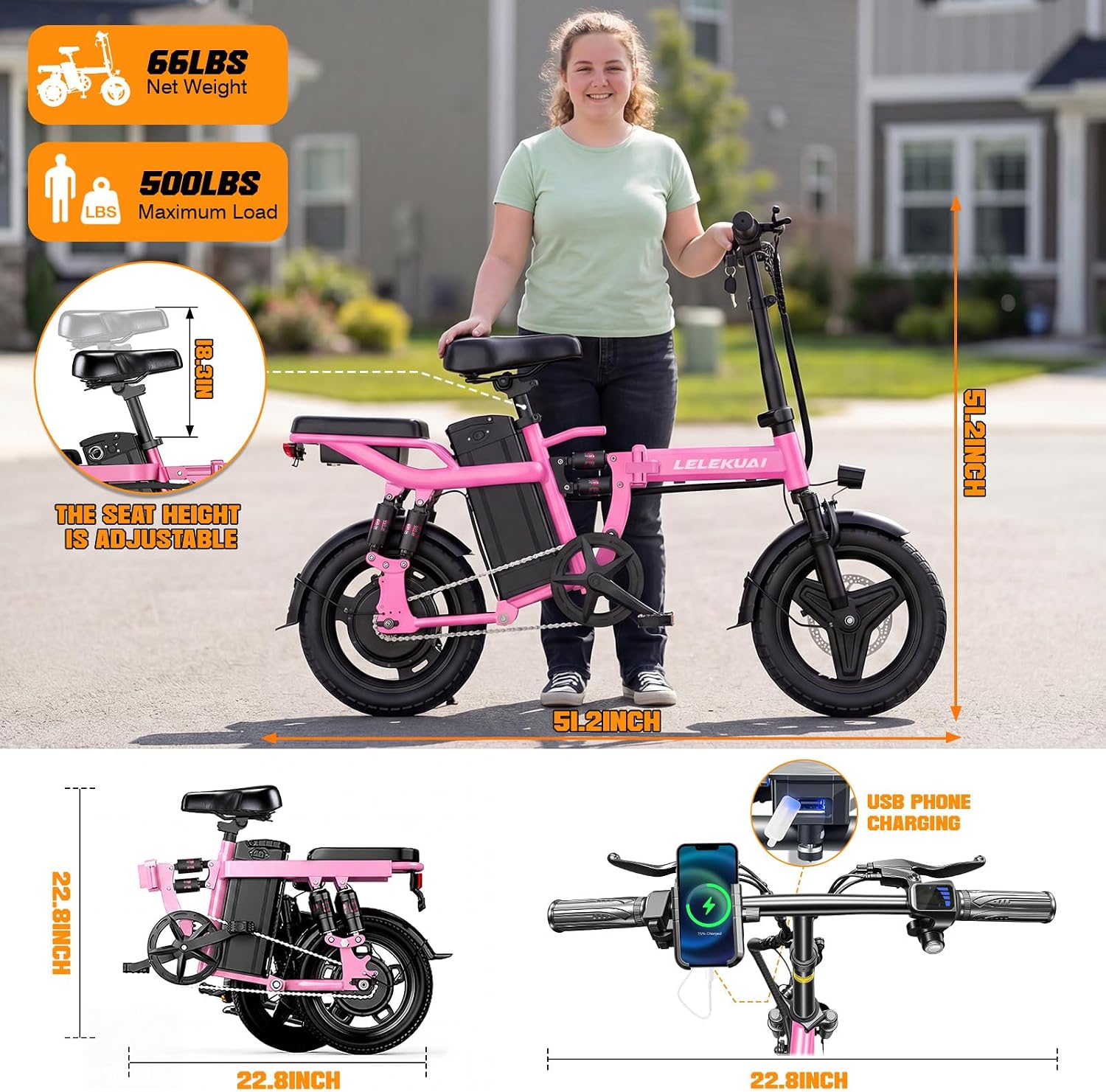 Heavy-Duty Foldable Electric Bike for Adults with 7 Shock Suspension, 500+ lbs Capacity, 740W Motor, 25MPH, 720Wh Battery, 20-Mile Range, 14' Fat Tires Commuter Bicycle for Road & Mountain Riding