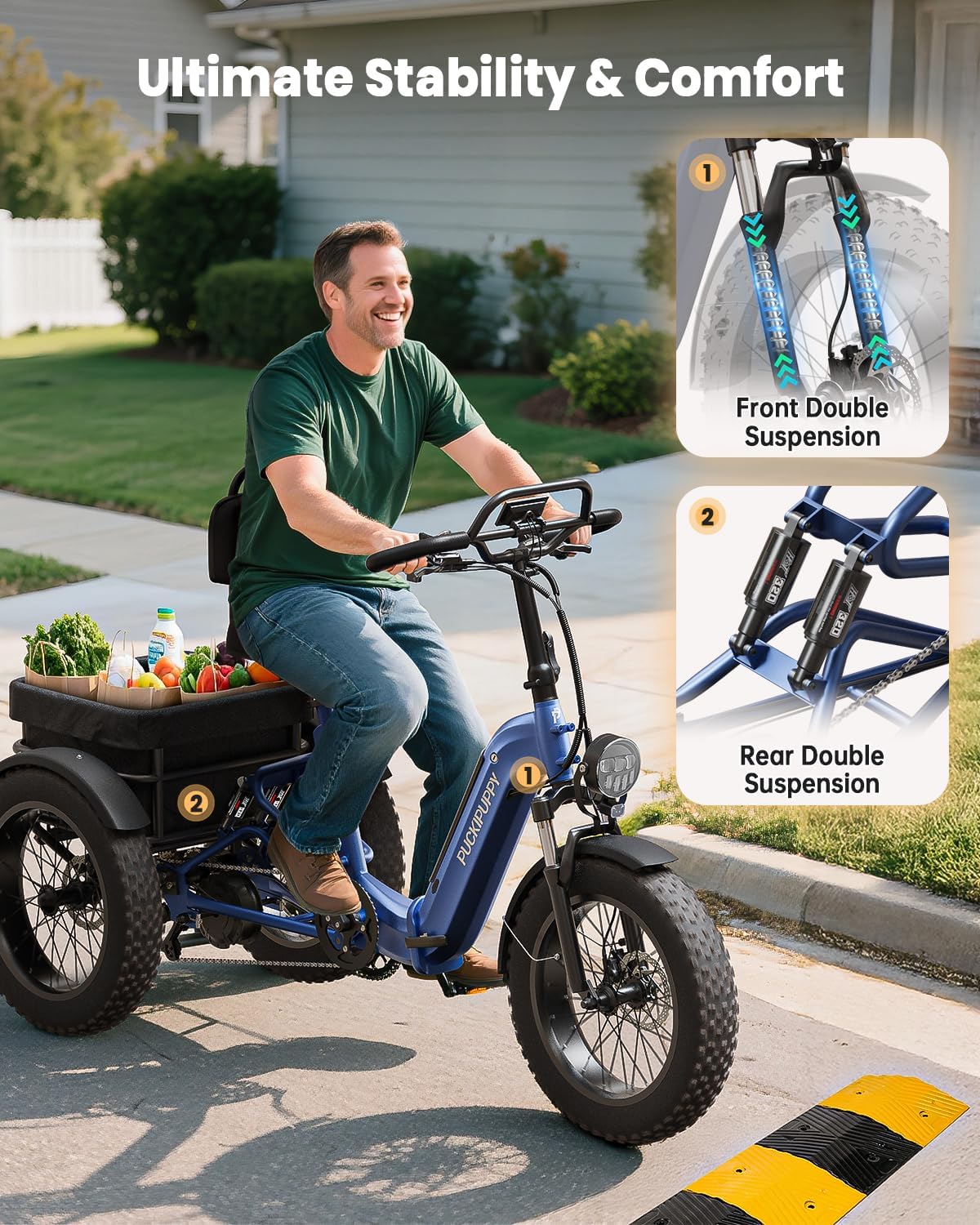 PUCKIPUPPY Electric Tricycle for Adults, Full Suspension & Reverse Gear 960W Peak Electric Trike Max 55 Miles