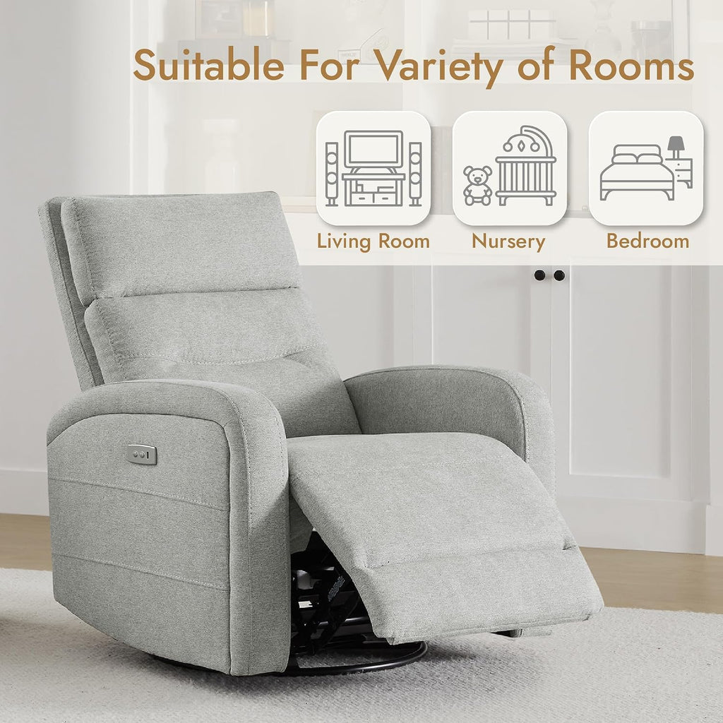 Watson & Whitely Swivel Power Recliner Glider Rocker, Small Recliner with Charging Port for Living Room, Fabric in Dove Grey