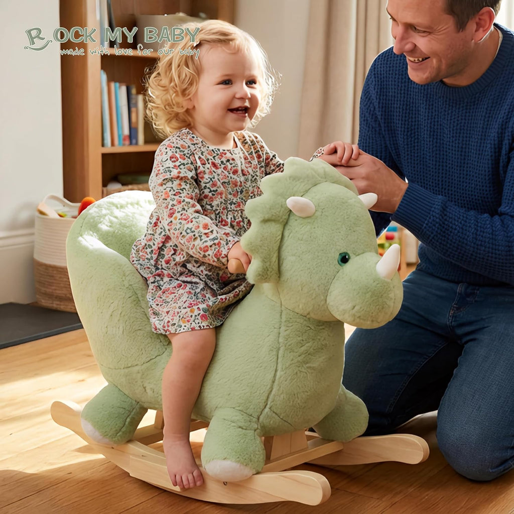 Rock My Baby Rocking Horse Green Dinosaur with Chair, Plush Stuffed Animal Rocker for Toddlers 1-3, Baby Rocker with Sweet Music, Wooden Rocking Horse Baby Animal Rocker,CPC Certified