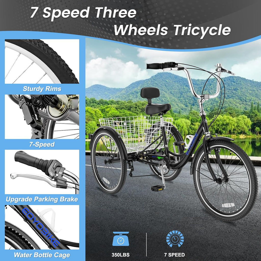 Slsy Adult Tricycle 7 Speed, 20/24/26 Inch Step-Through 3 Wheel Bike for Adults with Large Shopping Basket, 350 lb Capacity Adult Trike for Seniors, Women and Men