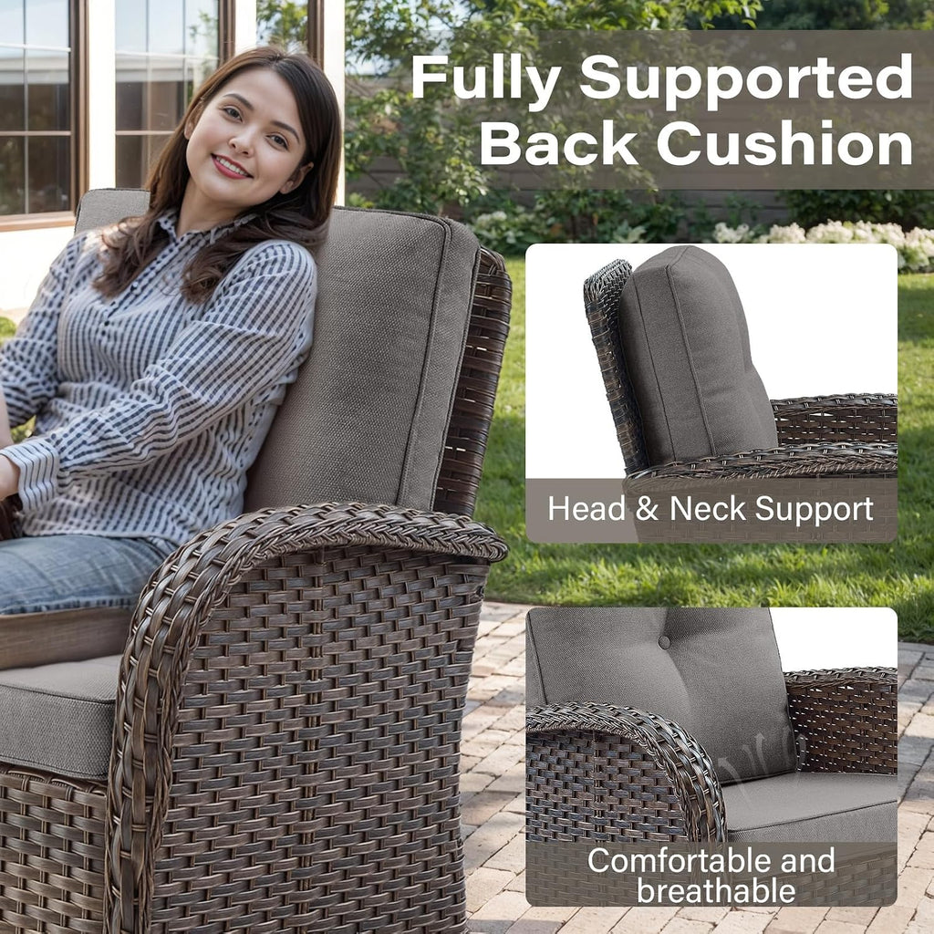 Belord 5 Pieces Patio Furniture Set with 30' Propane Fire Pit Table, Deep Seating Swivel Rocker Glider Outdoor Chairs Set of 4 with Side Table Set of 2 Patio Conversation Set Brown Wicker