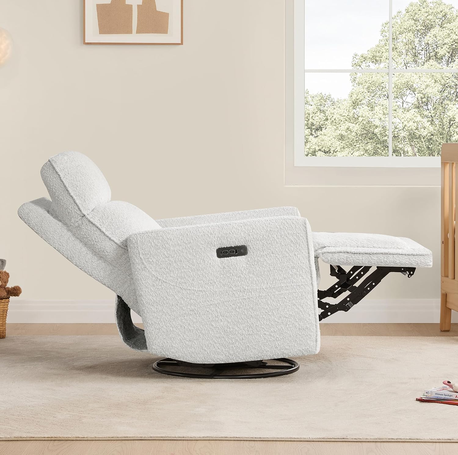 CHITA Power Recliner Chair Swivel Glider with Adjustable Power Headrest, FSC Certified Electronic Modern Nursery Rocking Chair with USB and Type-C Ports, Boucle White