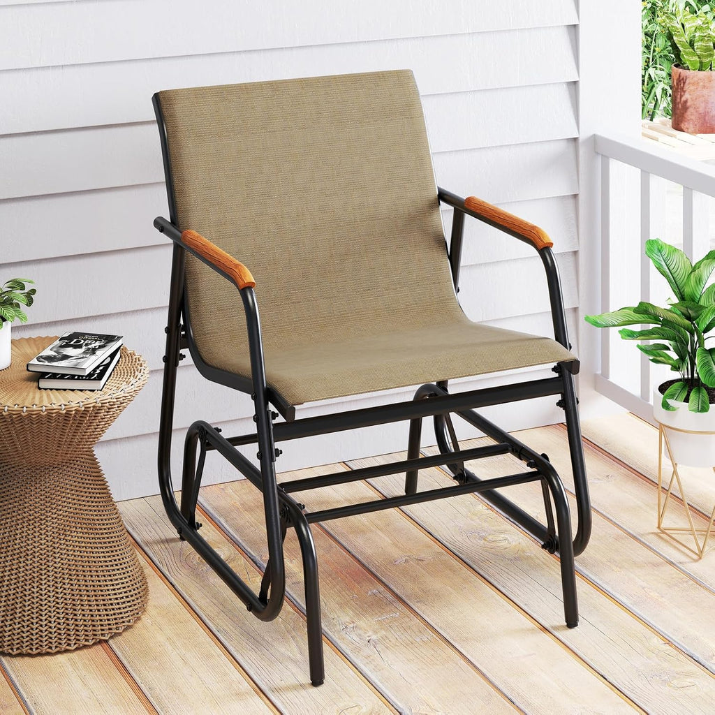Tangkula Patio Glider Chair, Swing Gliding Armchair w/Curved Teak Armrests & Breathable Fabric Seat, Outdoor Metal Frame Rocking Chair Set for Porch, Backyard, Poolside (2 Pack)