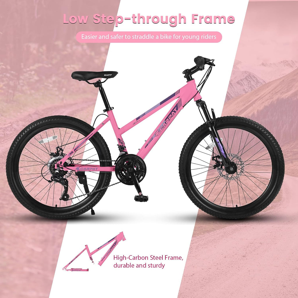 Ecarpat 24 26 Inch Mountain Bike for Girls, 21 Speeds Steel Frame Girls Bike, Front Suspension Teens Sport Bicycle for School Short Trip Camping, Summer Gift for Girls, Pink Purple White Options