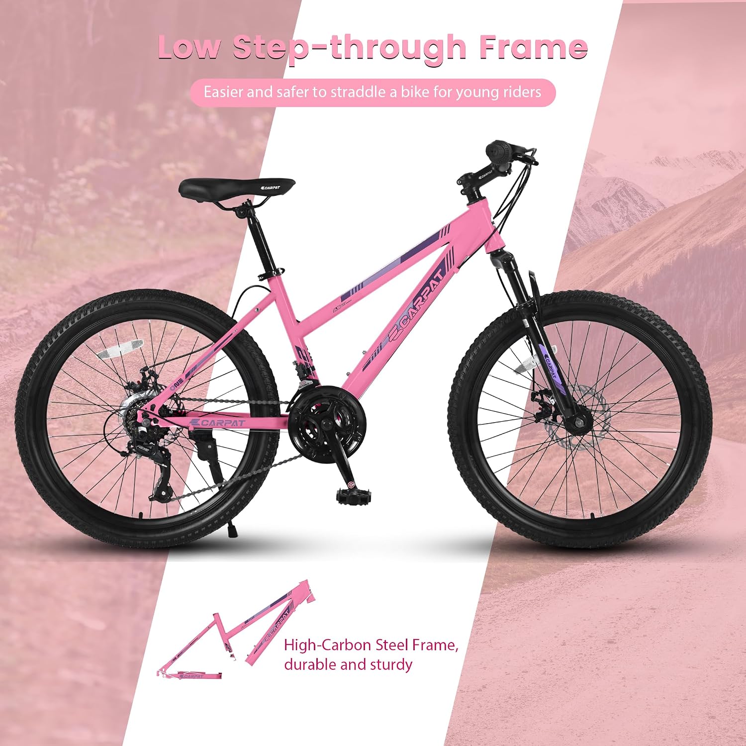 Ecarpat 24 26 Inch Mountain Bike for Girls, 21 Speeds Steel Frame Girls Bike, Front Suspension Teens Sport Bicycle for School Short Trip Camping, Summer Gift for Girls, Pink Purple White Options