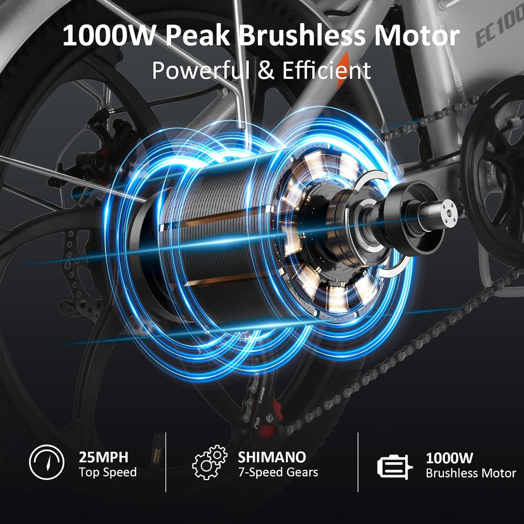 Folding Electric Bike for Adults, Electric Bicycle with Removable Battery,50 Mile Range,1000W Peak Motor, Shock Absorber, Disc Brake, 20' Tires