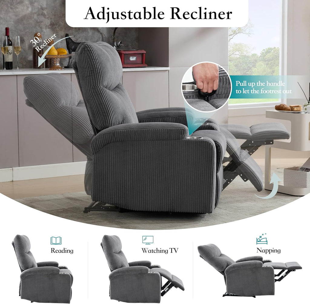 Manual Recliner Chair with Pull Ring, 3 Position 140° Reclining Sofa for Living Room, Nursery, RV, and Office,Oversized Recliner Chairs for Adults(Grey Corduroy Fabric)