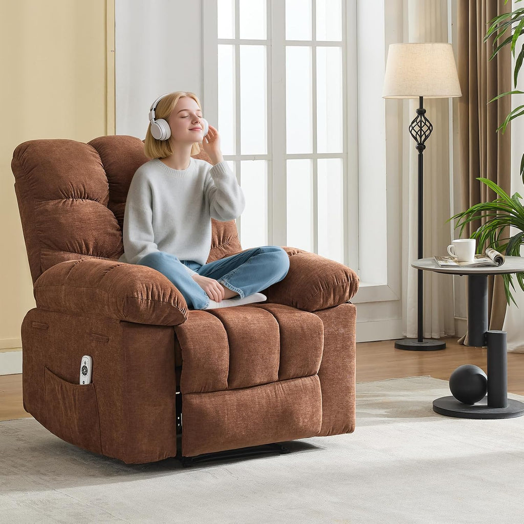 Recliner Rocking Chair with Massage & Heat, Wide Overstuffed Fabric Recliner with Breathable Upholstery, Ergonomic Design, 2 Side Pockets & Remote Control for Living Room or Bedroom (Brown)