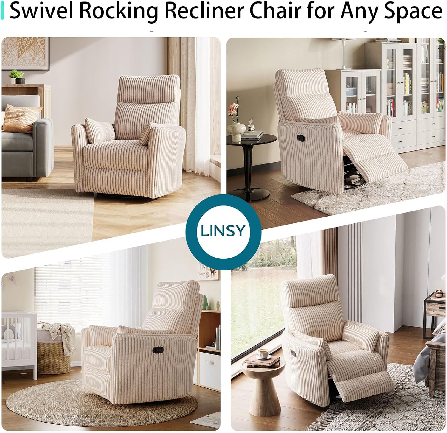 LINSY 360 Swivel Recliner Chair, Nursery Glider Rocking Chair with 2 Pillows, Corduroy Nursing Chair Comfy High Back Adult Rocker Recliner for Small Spaces, Nursery Bedroom Living Room (Beige)