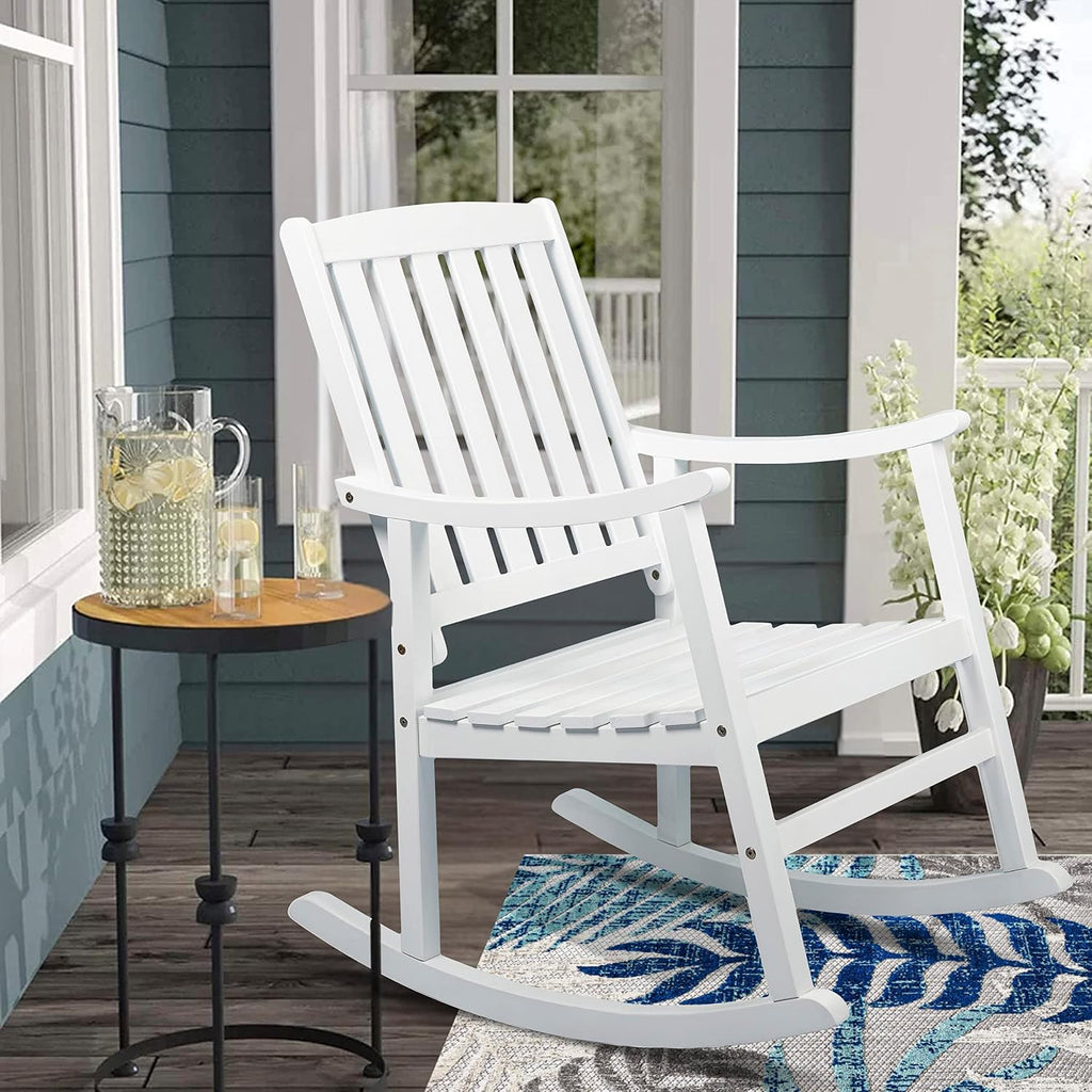 JONATHAN Y RCK102C Penny Classic Slat-Back 300-Lbs Support Acacia Wood Patio Outdoor Rocking Chair for Garden, Lawn, Backyard, Pool, Deck, Beach, Firepit, White