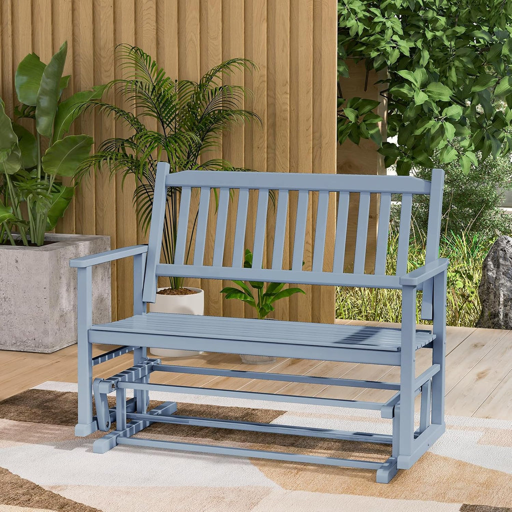 Tangkula 2 Person Outdoor Glider Bench, Poplar Wood Patio Swing Glider Loveseat with Armrests, Slatted Seat & Backrest, Porch Rocking Glider Bench for Backyard, Garden, Deck (Grey)