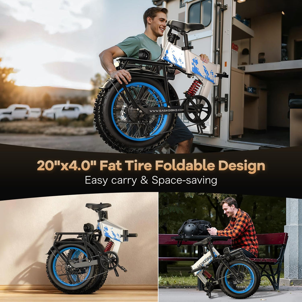 SASIKEIBIKE 1500W Folding Electric Bike for Adult,52V20Ah Removable Battery Ebike with 70Mile Max,20' x4.0 Fat Tire E-Bike, Foldable Dual Suspension Electric Bicycle for Commute,Mountain