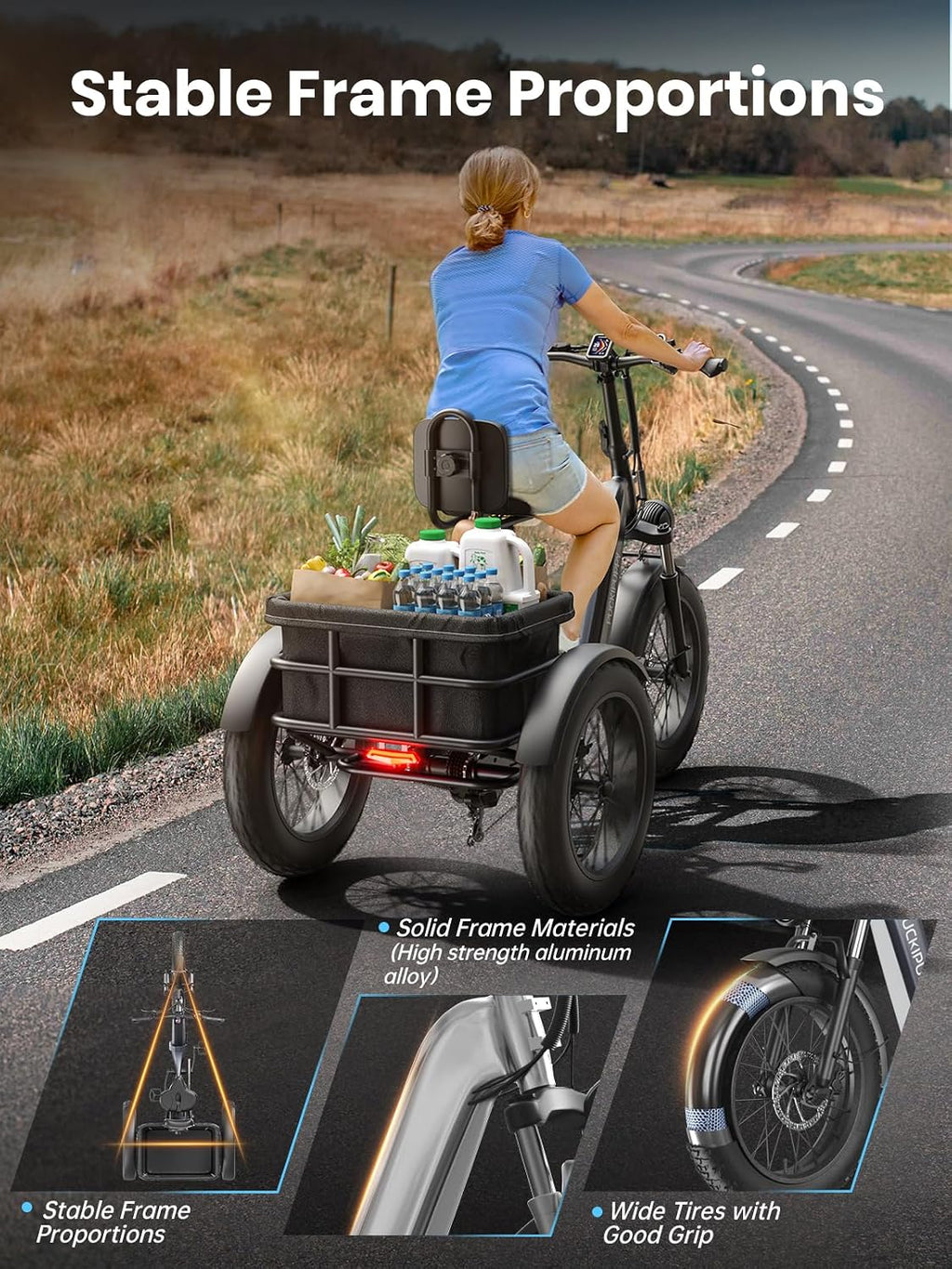 PUCKIPUPPY Electric Tricycle for Adult with 48V 17.4AH Cell Battery, 60 Miles Range Pickup Class Trike, 500 Lbs Load Electric Trike with Rear Differential and 20' Fat Tires, 960W Peak Motor, Husky