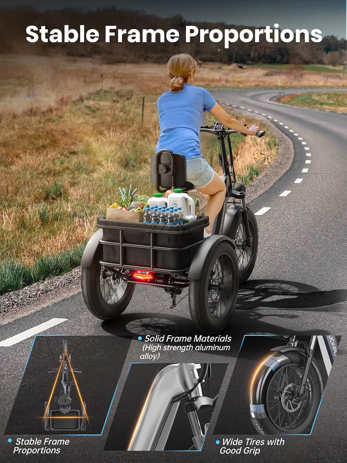 PUCKIPUPPY Electric Tricycle for Adult with 48V 17.4AH Cell Battery, 60 Miles Range Pickup Class Trike, 500 Lbs Load Electric Trike with Rear Differential and 20' Fat Tires, 960W Peak Motor, Husky