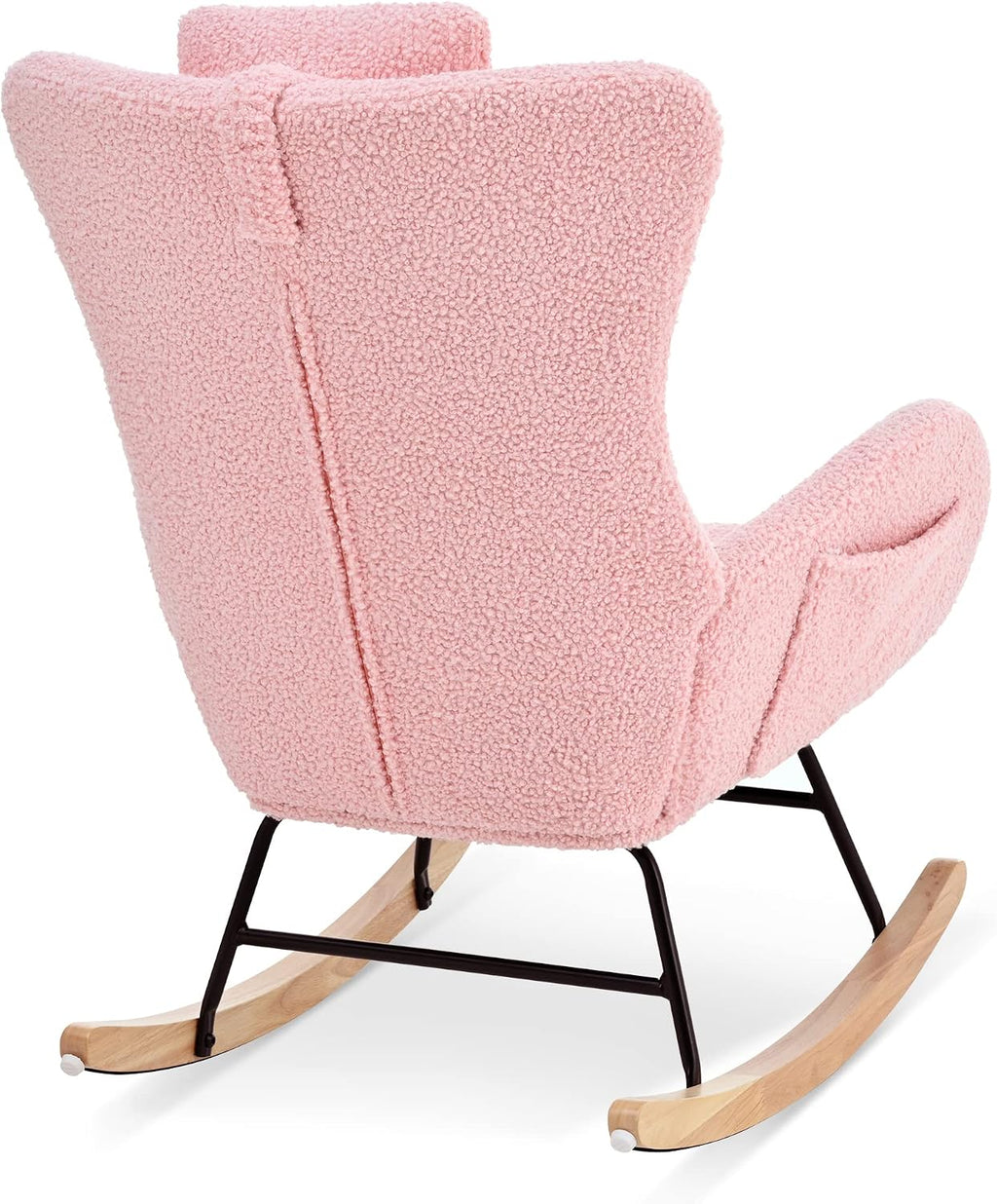 GDFStudio Aurla Rocking Chair, Teddy Upholstered Rocker Glider Chair with High Backrest, Adjustable Headrest & Pocket, Comfy Glider Rocker for Bedroom, Living Room, Offices, Rubber Wood, Pink