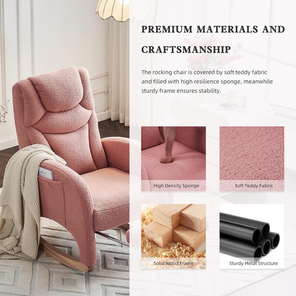 Rocking Chair Nursery with Foot Rest,Upholstered Teddy Glider Rocker with Wood Legs, Nursing Rocking Chair for Living Room/Nursery,Pink