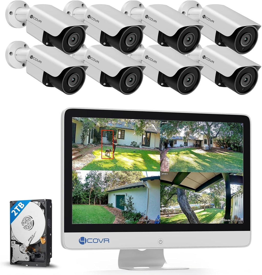 4COVR PoE Security Camera System with Monitor, 8 Channel H.265 NVR with 2TB HDD, AI Human Vehicle Detection, 8Pcs 5MP IP67 PoE IP Bullet Camera Night Vision with Mic, 24/7 Recording, LY37EX5MU808