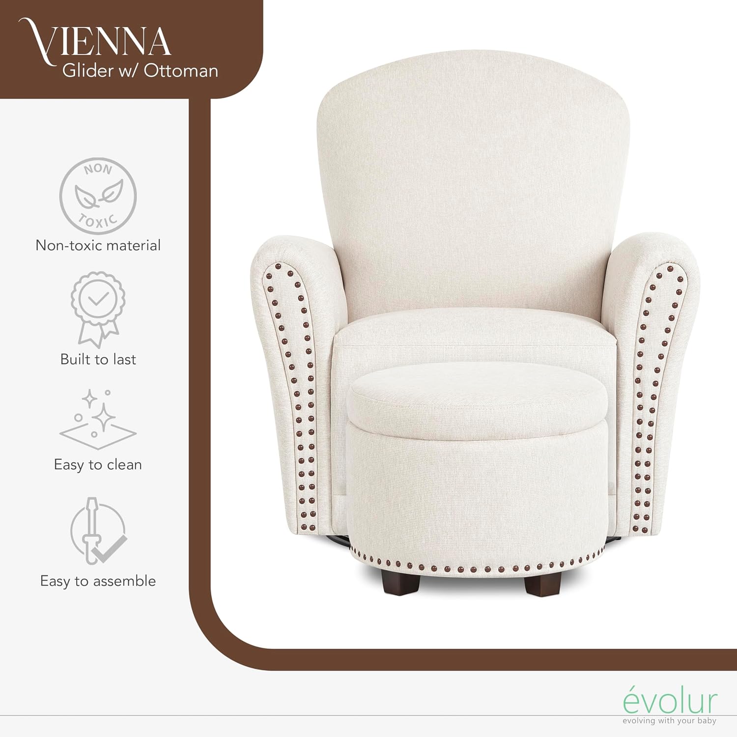 Evolur Vienna Swivel Glider with Ottoman, FSC Certified, Greenguard Gold and JPMA Certified Glider Rocking Chair, 360° Swivel Motion, Ergonomic Design Nursery Glider, Sweet Cream
