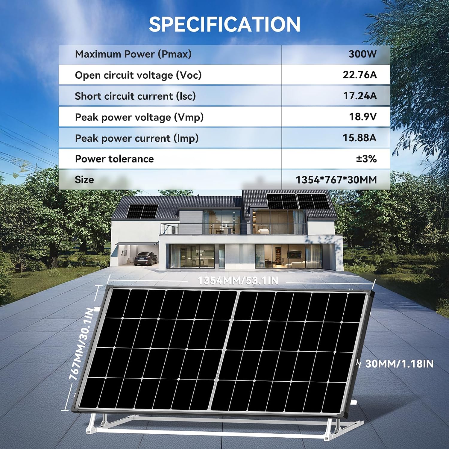300 Watt Solar Panel 10BB N-Type 300w Solar Panels 25% High Efficiency Monocrystalline Busbar-Less Half-Cut Technology for RV Home Rooftop Power Station Off Grid Systems (300w*2)