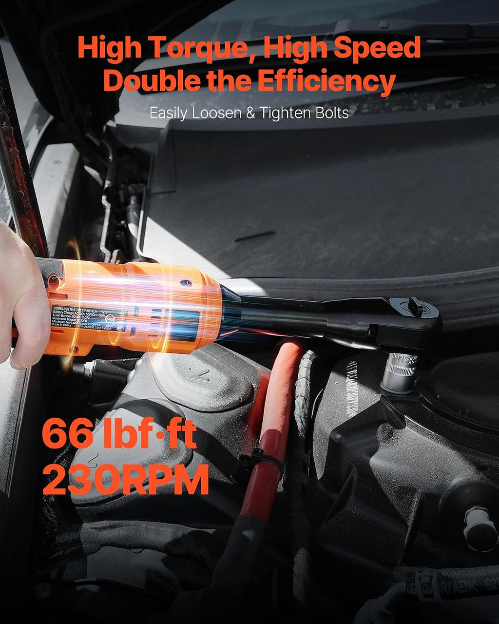 VEVOR Cordless Ratchet Wrench, 3/8 inch Drive, 230 RPM, up to 66 ft-lbs of Torque, Battery Powered Electric Ratchet Wrench Set with Two 2.0Ah Batteries, Charger, Sockets, Adaptors and Cloth Bag