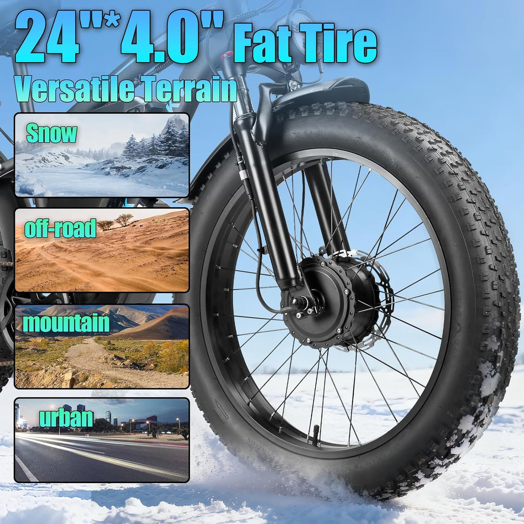 9000W Peak 58V Max-Output Ebike for Adults, Powerful 34Ah Battery Dual Motor Ebike, 47MPH Top Speed Fast E-Bike, Up to 105 Miles 24'x4.0 Fat Tires Electric Mountain Bicycle for Sand Beach Snow