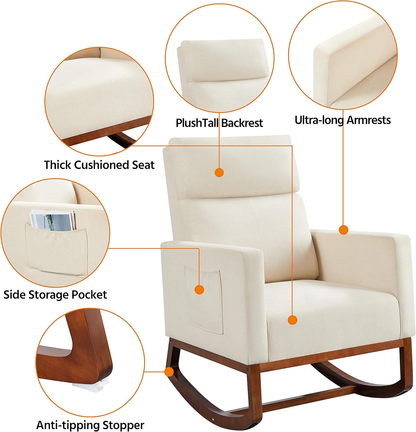 Yaheetech Rocking Chair Nursery Upholstered Glider Chair with Rubber Wood Legs Side Pocket, Rocking Accent Armchair High Back for Living Room Bedroom, Beige, 2pcs