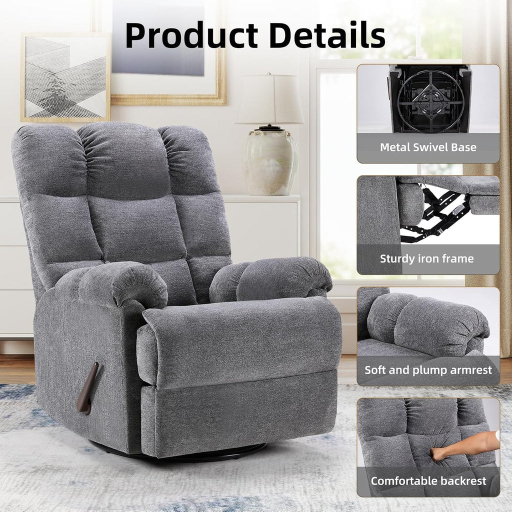 CANMOV Swivel Rocker Recliner for Adults,Glider Rocking Reclining Chair for Nursery,Manual Recliner Chair with Overstuffed Back and Arms for Living Room Bedroom Nursery,Grey