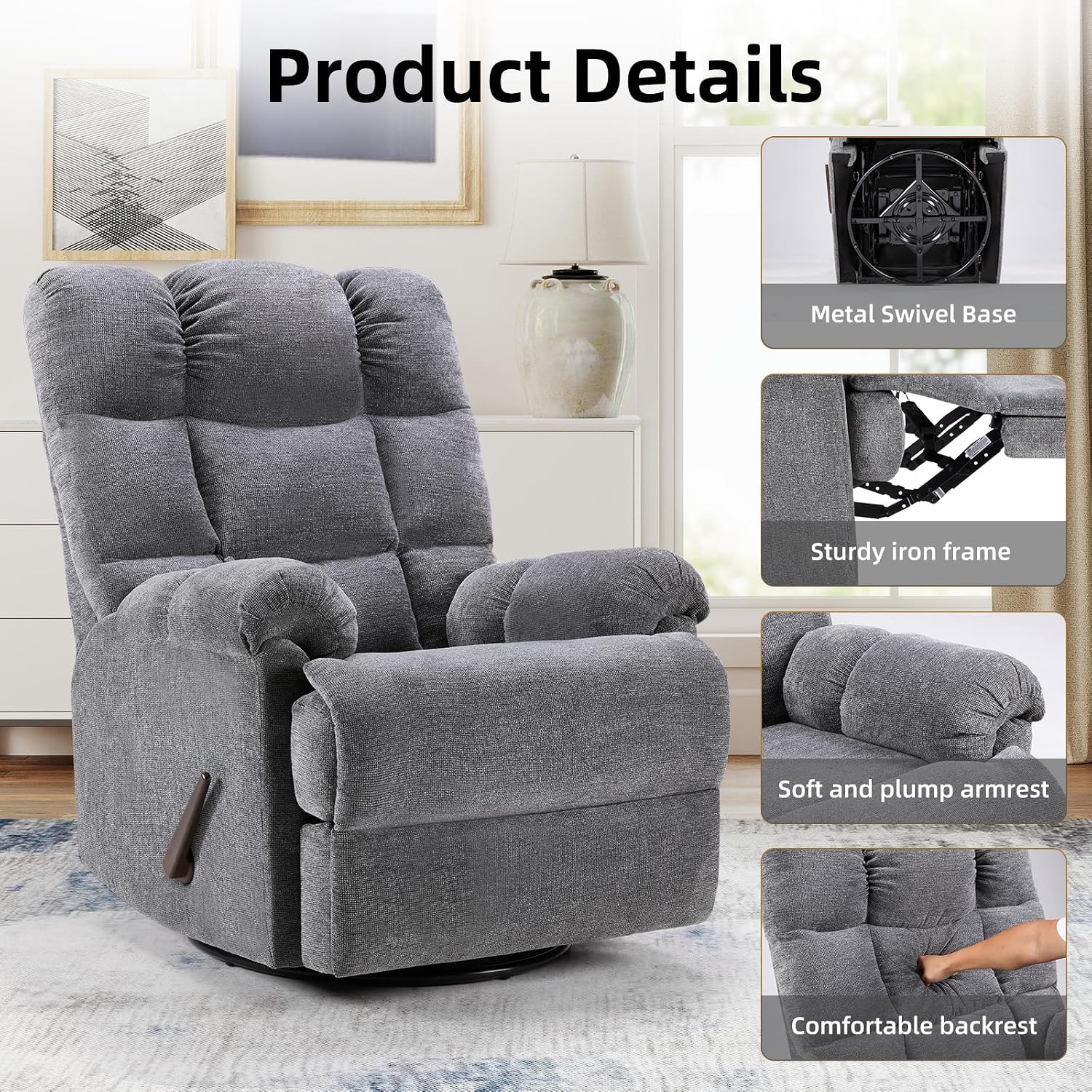 CANMOV Swivel Rocker Recliner for Adults,Glider Rocking Reclining Chair for Nursery,Manual Recliner Chair with Overstuffed Back and Arms for Living Room Bedroom Nursery,Grey