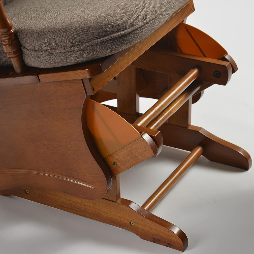 Anti-Pinch Nursery Glider Rocking Chair with Ottoman, Solid Rubber Wood Frame, Silent Smooth Gliding Design, Vintage Carved Armrest for Nursing, Living Room, Bedroom, Oak