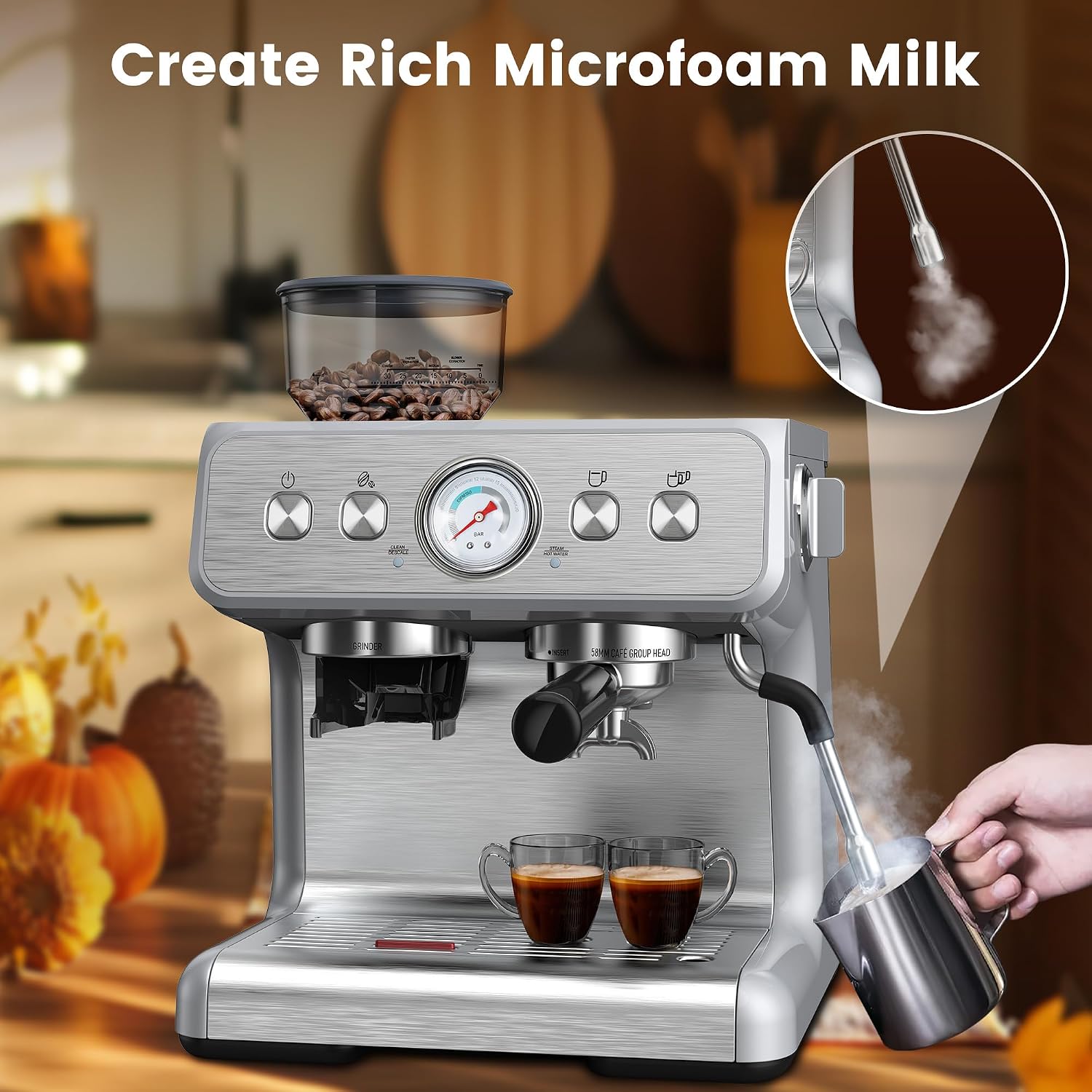 Espresso Machine with Built-in Grinder,Professional 15 Bar Espresso Maker with Milk Frother Steam Wand,Stainless Steel Espresso Coffee Machine with Removable Water Tank for Cappuccino, Latte