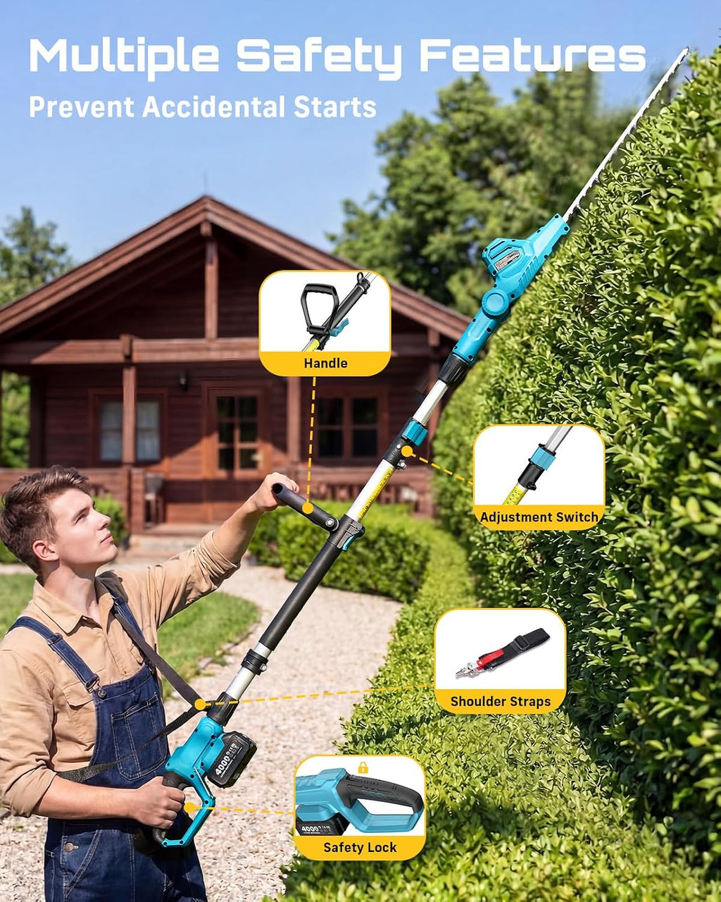 SEESII 2-in-1 Cordless Pole Saw & Hedge Trimmer Combo, 8' Electric Pole Chainsaw with 2×4.0 Ah Batteries, 16-Inch Extension Pole Hedge Trimmer, Bush Tree Pruner Limb Branch Cutter, 15ft Long Reach