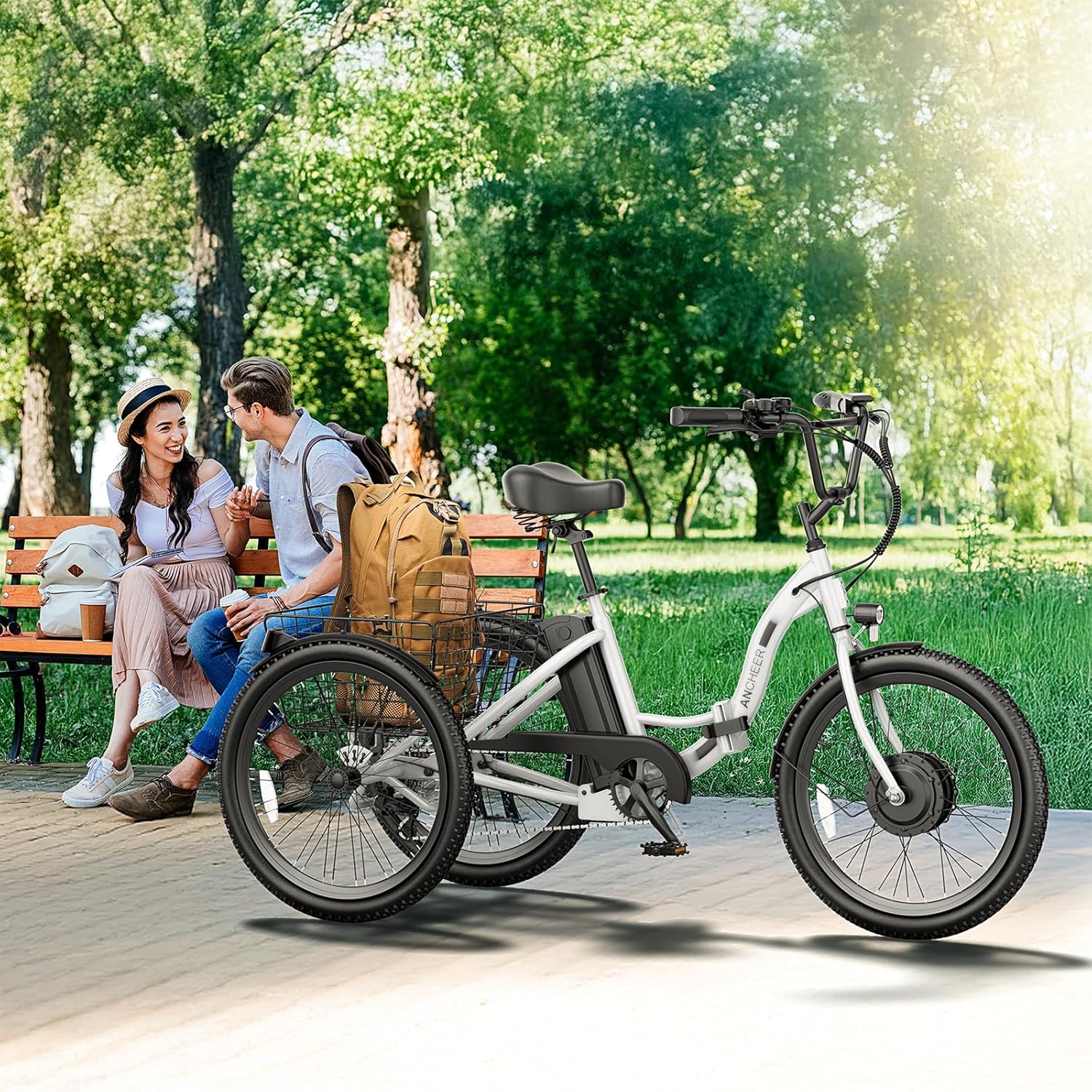 ANCHEER Electric Tricycle for Adults, 350W(Peak 550W) Etrike, 48V/499Wh Ebike, 24' Folding 3 Wheel Electric Trike, 15.5MPH & 55Miles Electric Bike, Rear Differential, Rear Basket